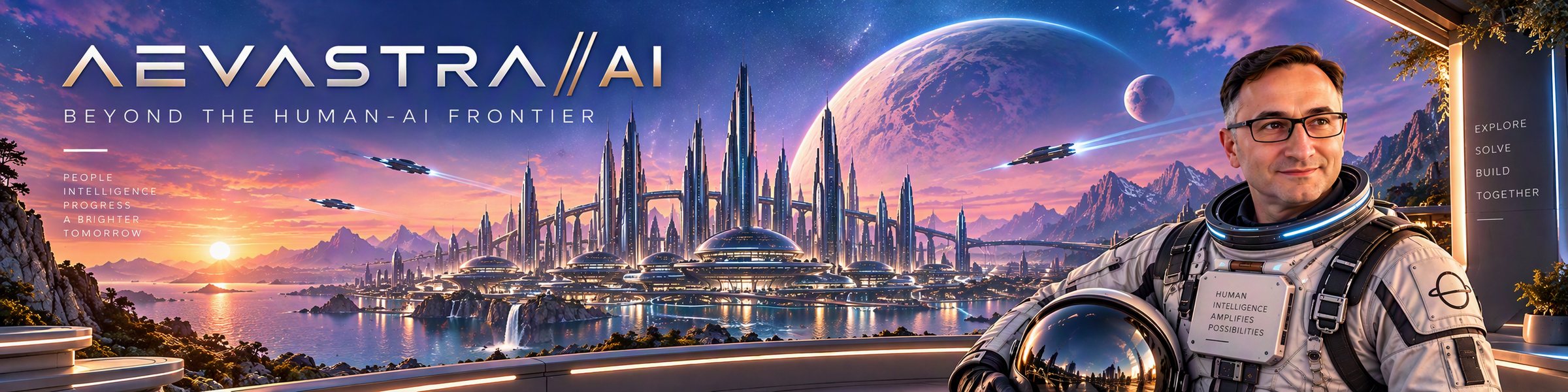 Aevastra AI – Beyond the human–AI frontier. A futuristic city at dusk, and the founder in a spacesuit holding a helmet.
