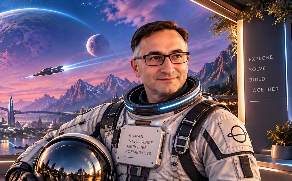 The founder in a spacesuit holding a helmet. A sign reads: Explore, Solve, Build, Together.
